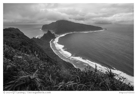 Ofu South Beach and Olosega Island from Tumu Mountain. National Park of American Samoa (black and white)
