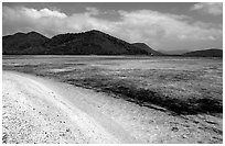 Beach, reef, and hills, Leinster Bay, morning. Virgin Islands National Park ( black and white)