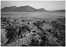 Rocks, reef, and Leinster Bay. Virgin Islands National Park, US Virgin Islands. (black and white)