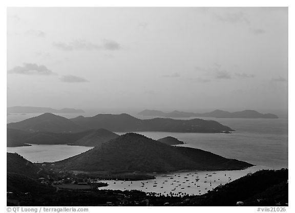 Hills, harbor and boats at sunrise, Coral bay. Virgin Islands National Park, US Virgin Islands.