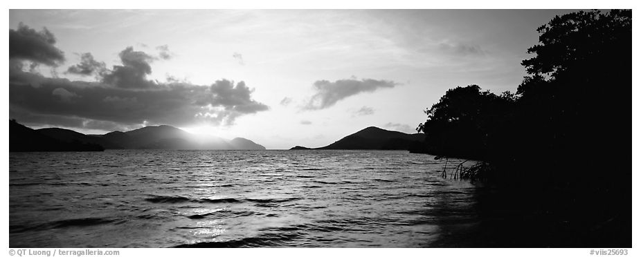Sun rising across bay. Virgin Islands National Park (black and white)