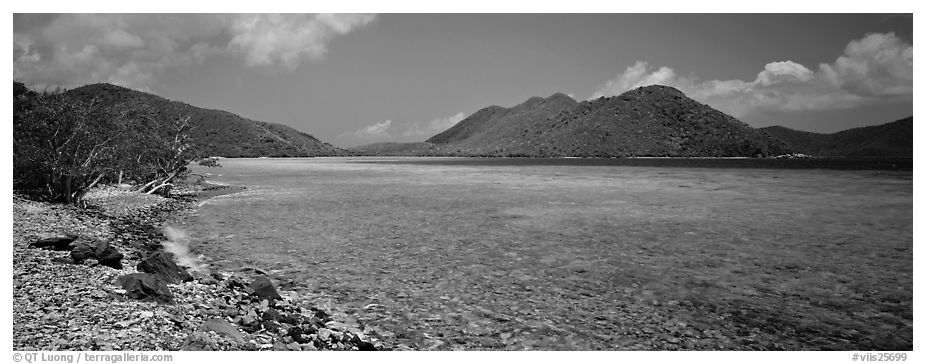 Bay and beach with turquoise waters. Virgin Islands National Park (black and white)