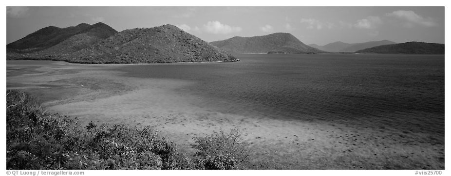 Tropical turquoise waters and green hills. Virgin Islands National Park (black and white)