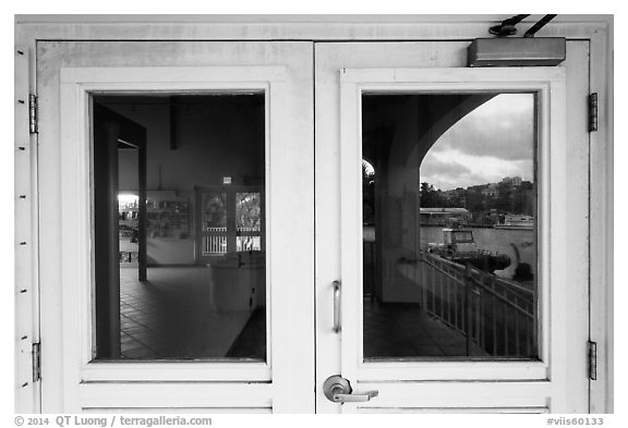 National Park Service harbor, Visitor Center window reflexion. Virgin Islands National Park (black and white)