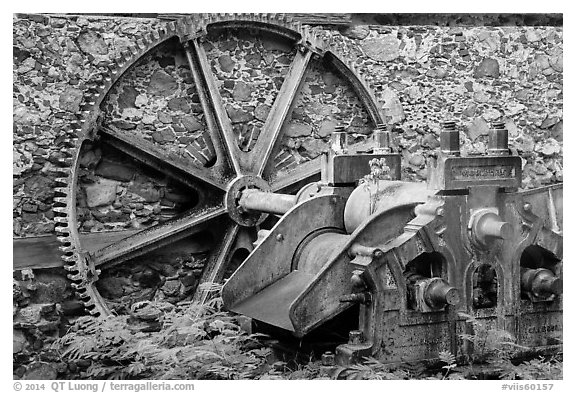 Steam powered sugarcane crusher, Reef Bay sugar factory. Virgin Islands National Park (black and white)