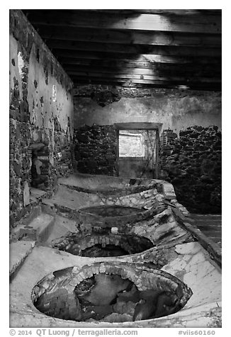 Boiling bench, Reef Bay sugar factory. Virgin Islands National Park (black and white)