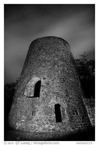 Catherineberg Sugar Mill at night. Virgin Islands National Park (black and white)