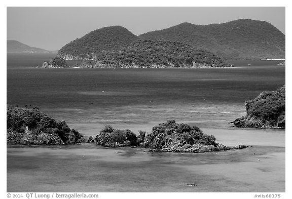 Trunk Cay and turquoise waters. Virgin Islands National Park (black and white)