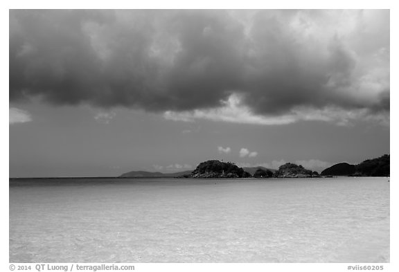 Turquoise waters, Trunk Cay, and dark clouds. Virgin Islands National Park (black and white)