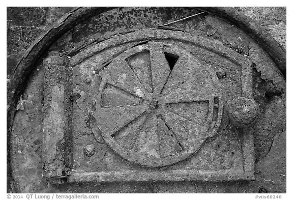 Rusted Furnace door, Hassel Island. Virgin Islands National Park (black and white)