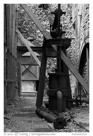 Engine room in headhouse, Creque Marine Railway, Hassel Island. Virgin Islands National Park (black and white)