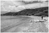 Kayaker on beach, Hassel Island. Virgin Islands National Park ( black and white)