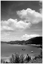 Yachts anchored in Hurricane Hole Bay. Virgin Islands National Park, US Virgin Islands. (black and white)