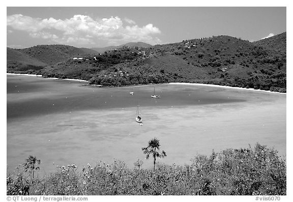 Turquoise waters in Francis Bay with anchored yacht. Virgin Islands National Park (black and white)