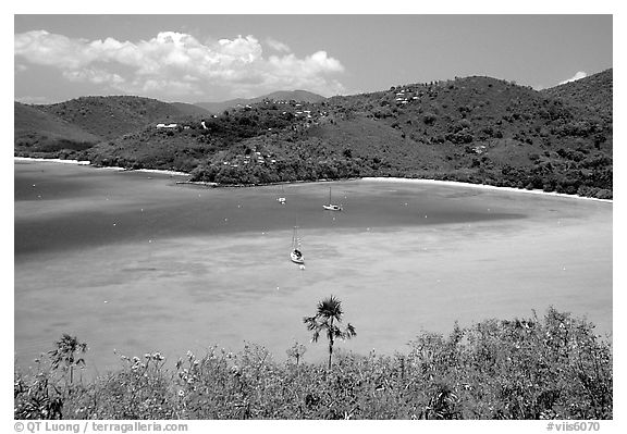 Turquoise waters in Francis Bay with anchored yacht. Virgin Islands National Park, US Virgin Islands.