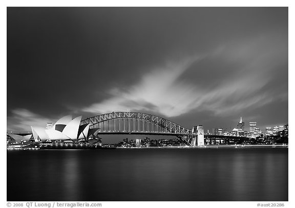 Opera House and Harbor Bridge at night. Sydney, New South Wales, Australia (black and white)