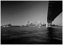Harbor Bridge from below, skyline, and Opera House. Sydney, New South Wales, Australia ( black and white)