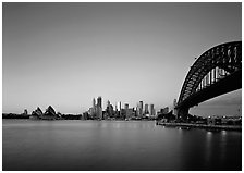 Harbor Bridge, skyline, and Opera House, dawn. Australia ( black and white)