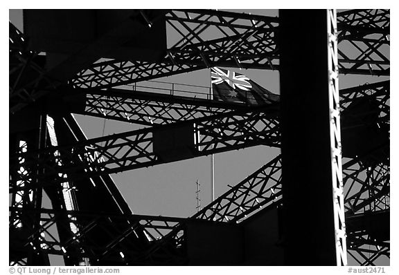 Harbour bridge detail with Australian flag. Sydney, New South Wales, Australia