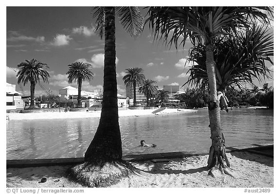 Artificial beach, complete with sand and palm trees. Brisbane, Queensland, Australia