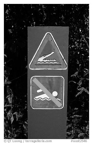 Sign warning of crocodiles. Australia (black and white)