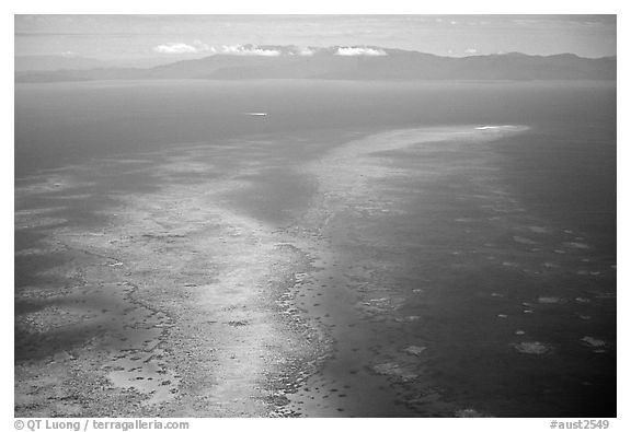 Aerial view of an island  near Cairns. The Great Barrier Reef, Queensland, Australia (black and white)