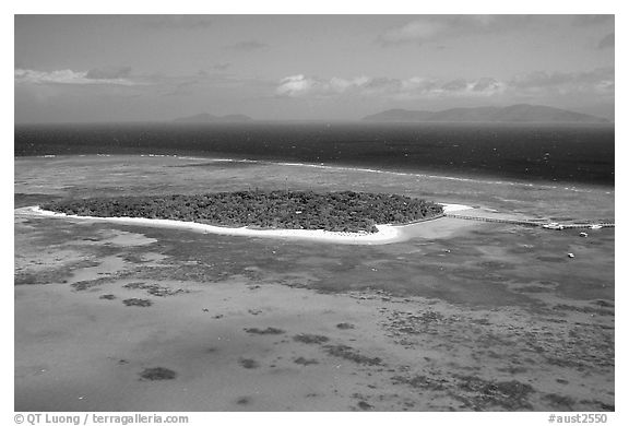 Aerial view of a sand bar  near Cairns. The Great Barrier Reef, Queensland, Australia (black and white)