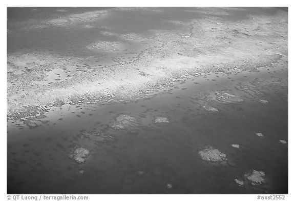 Aerial view of a sand bar and reef near Cairns. The Great Barrier Reef, Queensland, Australia (black and white)