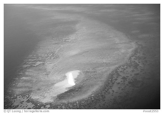 Aerial view of a sand bar and reef near Cairns. The Great Barrier Reef, Queensland, Australia (black and white)