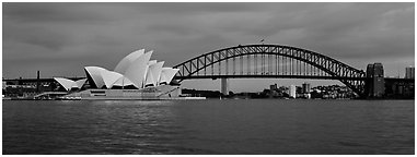 Sydney opera house and Harbor Bridge. Sydney, New South Wales, Australia (Panoramic black and white)