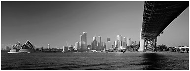 Sydney Harbor Bridge and city skyline. Sydney, New South Wales, Australia (Panoramic black and white)