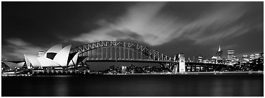 Sydney night view of opera house and Harbor Bridge. Sydney, New South Wales, Australia (Panoramic black and white)