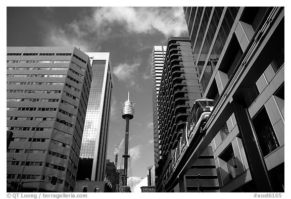 Monorail train ramp in downtown. Sydney, New South Wales, Australia (black and white)