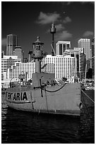 Red boat in harbour. Sydney, New South Wales, Australia ( black and white)