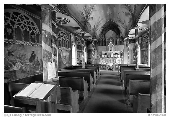 Inside Saint Benedict Catholic Church (Painted Church), South Kona. Big Island, Hawaii, USA (black and white)