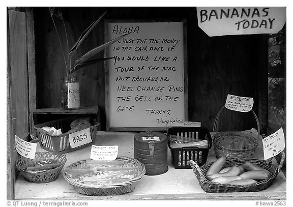 Self-serve local produce stand. Big Island, Hawaii, USA (black and white)
