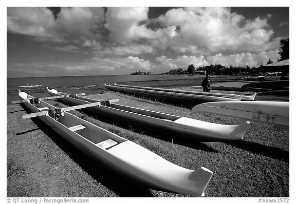 Traditional outtrigger canoes in Hilo. Big Island, Hawaii, USA (black and white)