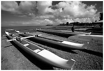 Traditional outtrigger canoes in Hilo. Big Island, Hawaii, USA ( black and white)