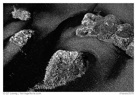 Black sand and mossy rocks, Punaluu Beach. Big Island, Hawaii, USA (black and white)