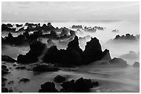 Volcanic rocks and waves at sunrise, Keanae Peninsula. Maui, Hawaii, USA (black and white)