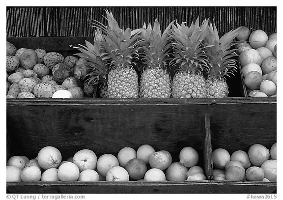 Tropical Fruits, roadside stand. Maui, Hawaii, USA (black and white)