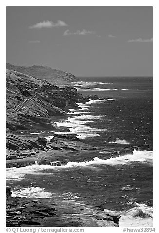 Coastline and highway, South-East. Oahu island, Hawaii, USA (black and white)