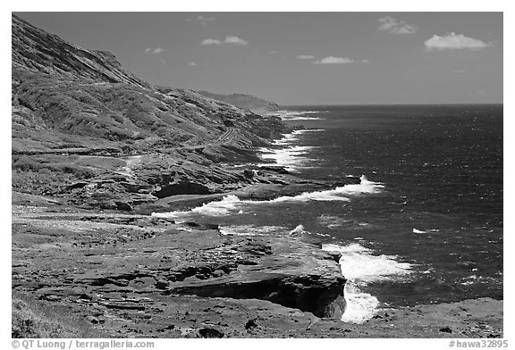 Coastline and highway, South-East. Oahu island, Hawaii, USA (black and white)