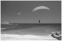 Paragliding above Makapuu Beach. Oahu island, Hawaii, USA (black and white)