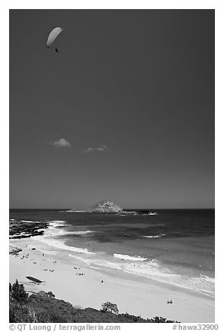 Makapuu Beach with paraglider above. Oahu island, Hawaii, USA (black and white)