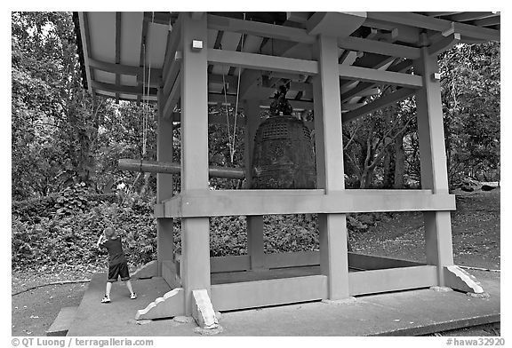 Boy ringing the buddhist bell, Byodo-In temple. Oahu island, Hawaii, USA (black and white)