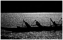 Backlit hawaiian canoe paddlers, Maunalua Bay, late afternoon. Oahu island, Hawaii, USA (black and white)