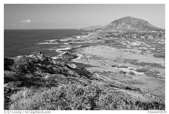 Sandy Beach and Koko crater, morning. Oahu island, Hawaii, USA (black and white)