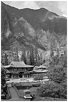 Byodo-In temple and Koolau Mountains, Valley of the Temples, morning. Oahu island, Hawaii, USA ( black and white)