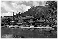 Byodo-In temple and Koolau Mountains, morning. Oahu island, Hawaii, USA ( black and white)